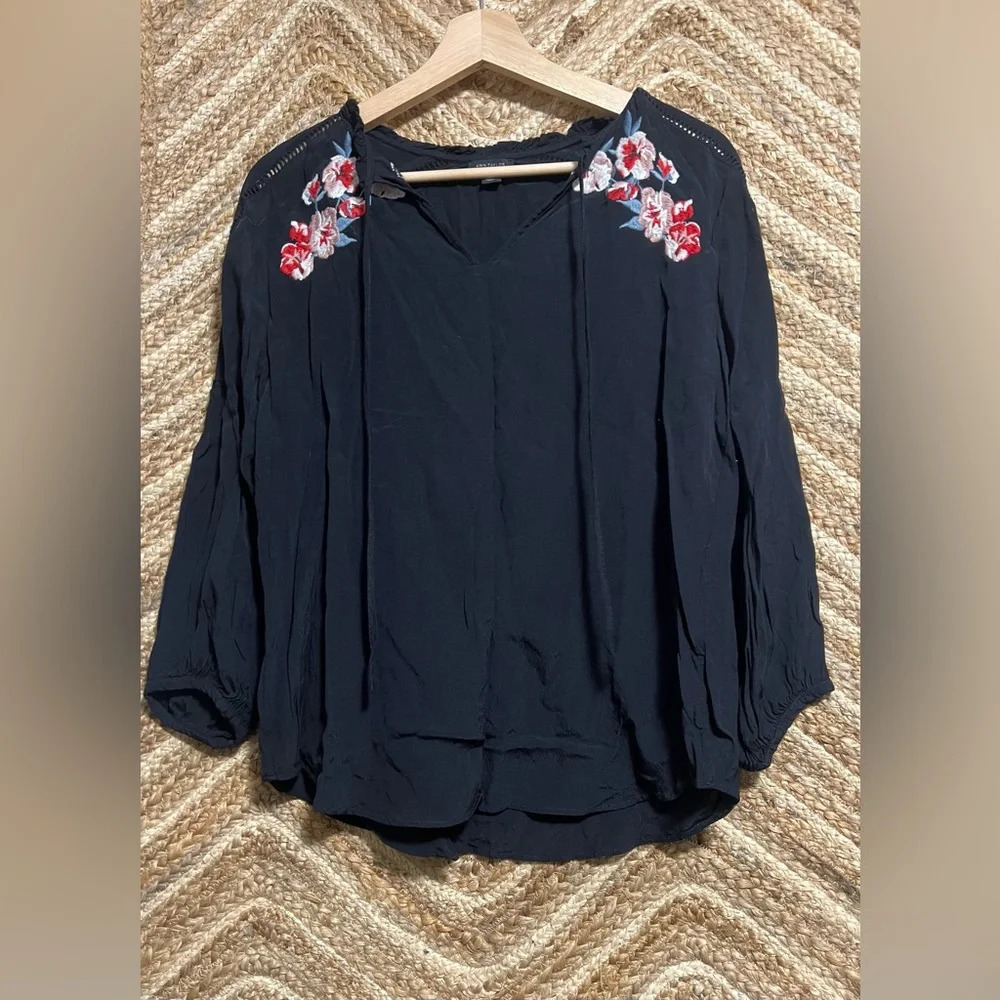 Ann Taylor Women's Black Blouse, Colorful Embroidered Flowers, Size S, Great